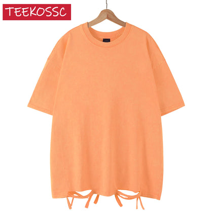 American Style Retro Heavyweight Solid Color Short Sleeved T-shirt Men Women Summer Street Trendy Washed Old Oversized Clothes
