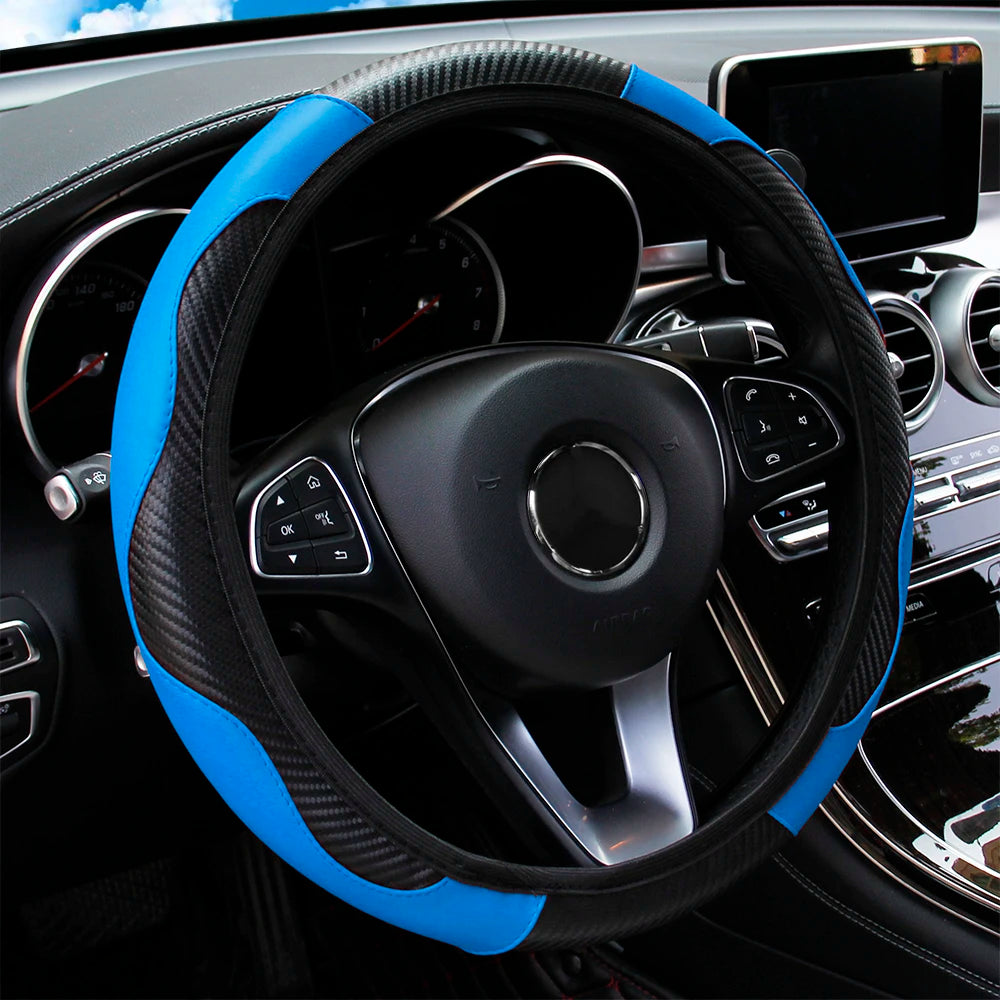 Carbon Fiber Steering Wheel Cover PU Leather 14.5-15 Inch