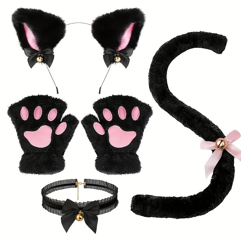 Cat Paw Gloves Set with Cat Ear Headband Fingerless Cosplay Accessories