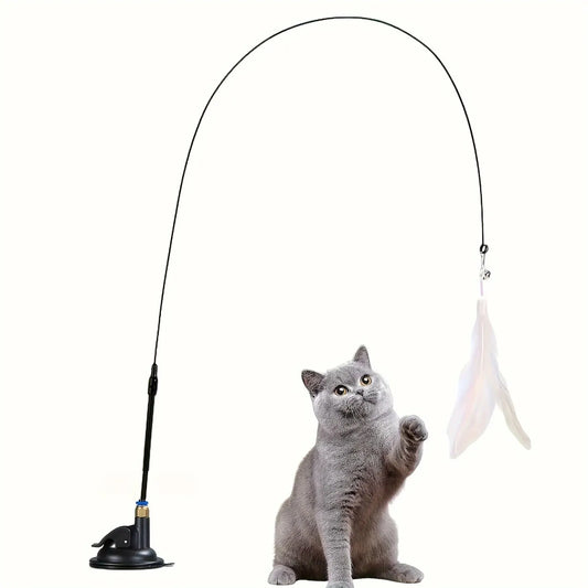 Cat Teaser Wand Toy with Feather & Bell Suction Cup Interactive Play