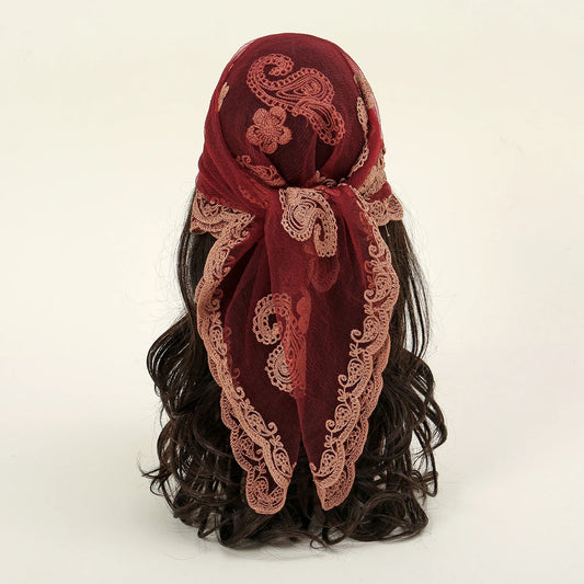 Silk Head Scarf for Women with Paisley Embroidery Lightweight Shawl