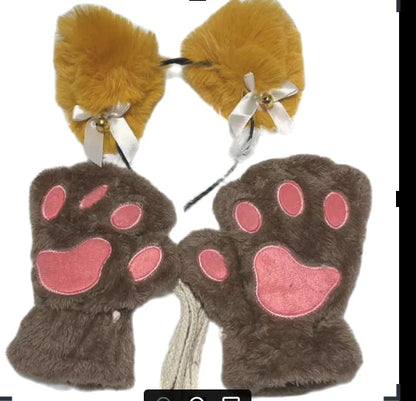 Cat Paw Gloves Set with Cat Ear Headband Fingerless Cosplay Accessories
