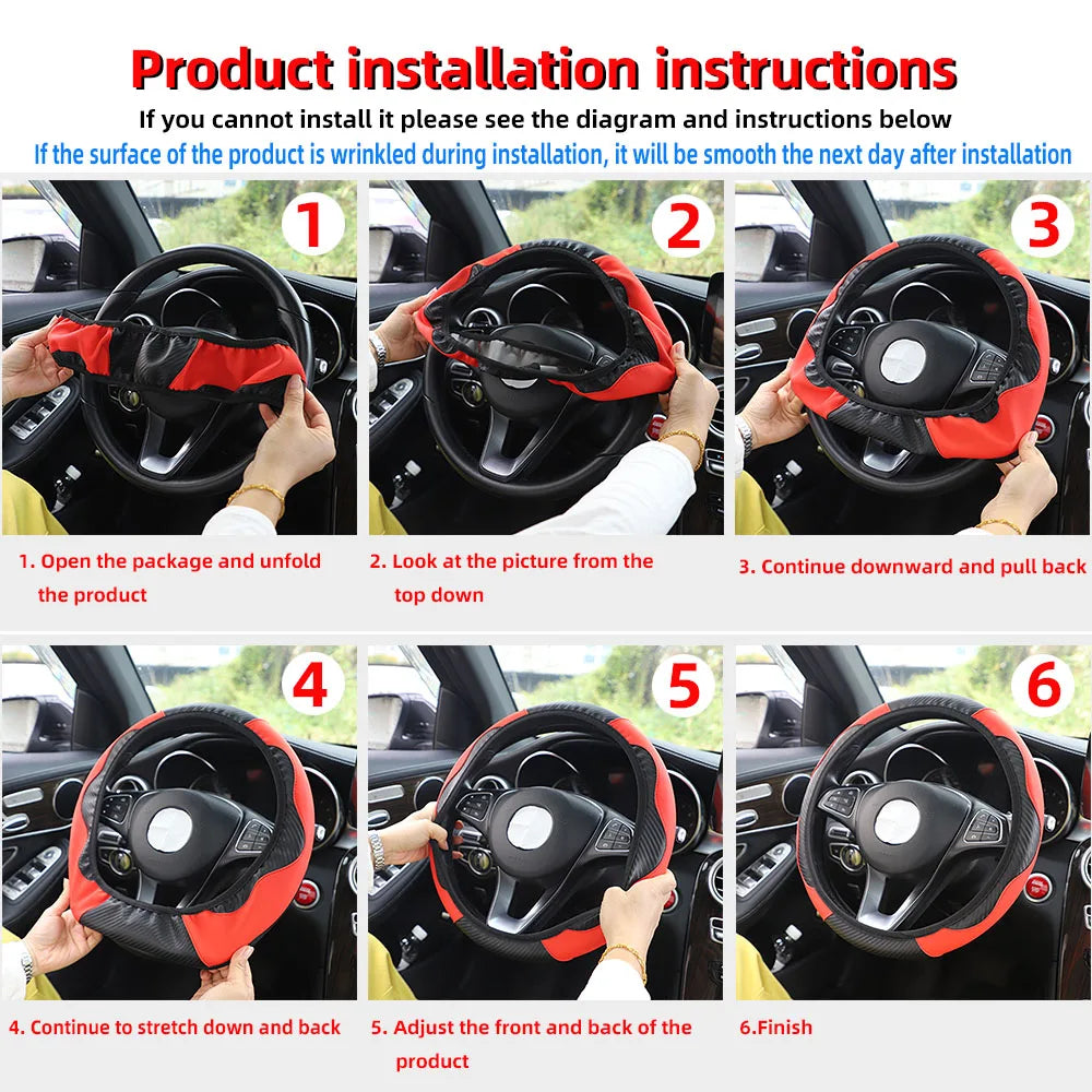 Carbon Fiber Steering Wheel Cover PU Leather 14.5-15 Inch