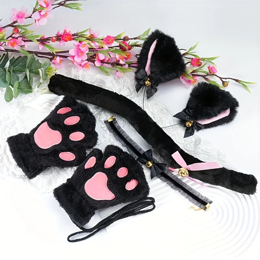 Cat Paw Gloves Set with Cat Ear Headband Fingerless Cosplay Accessories