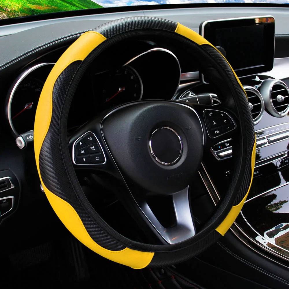 Carbon Fiber Steering Wheel Cover PU Leather 14.5-15 Inch