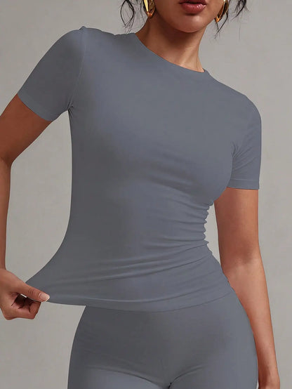 Women's White Fitted T-Shirt Short Sleeve Casual Crew Neck Tee