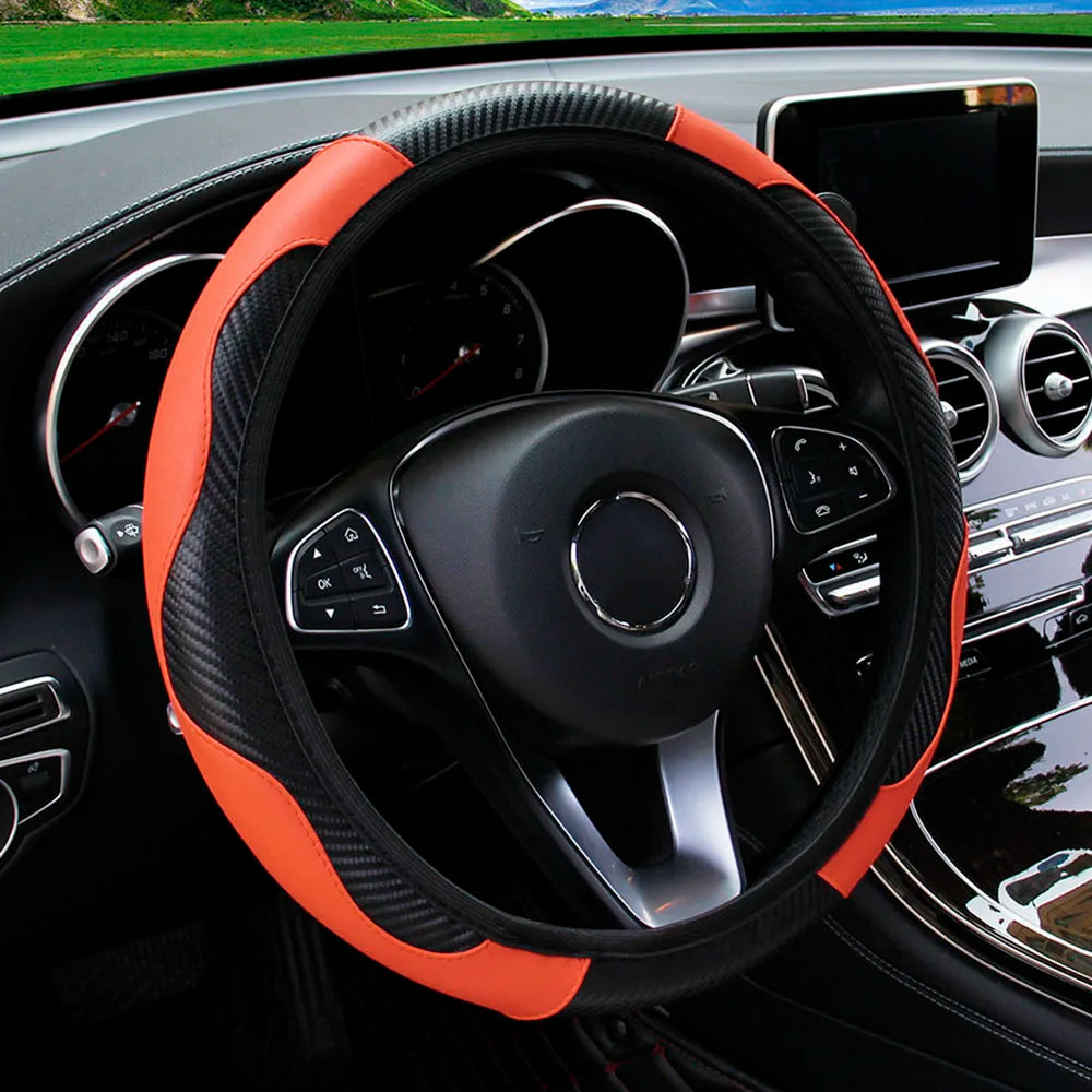 Carbon Fiber Steering Wheel Cover PU Leather 14.5-15 Inch