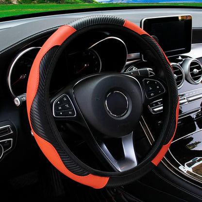 Carbon Fiber Steering Wheel Cover PU Leather 14.5-15 Inch