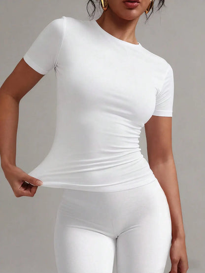 Women's White Fitted T-Shirt Short Sleeve Casual Crew Neck Tee