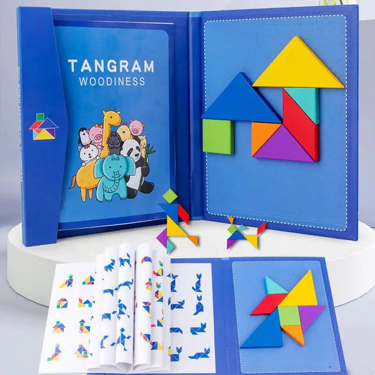 Magnetic Tangram Puzzle Book Wooden Geometry Learning Toy for Kids