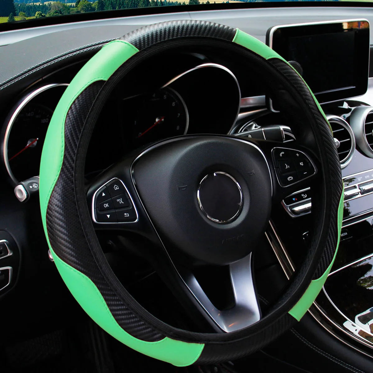 Carbon Fiber Steering Wheel Cover PU Leather 14.5-15 Inch