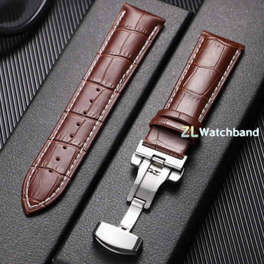 Leather Watch Band with Butterfly Buckle 12mm–24mm Replacement Strap