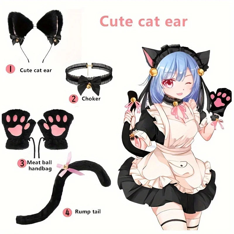 Cat Paw Gloves Set with Cat Ear Headband Fingerless Cosplay Accessories