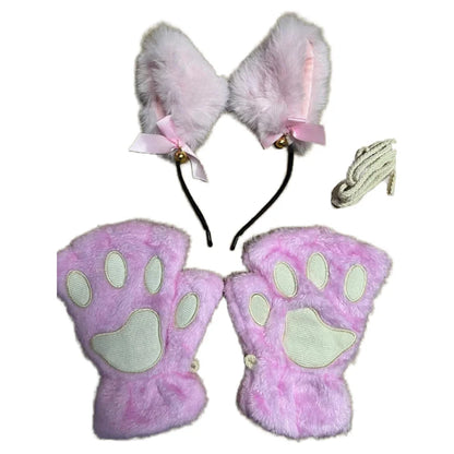 Cat Paw Gloves Set with Cat Ear Headband Fingerless Cosplay Accessories