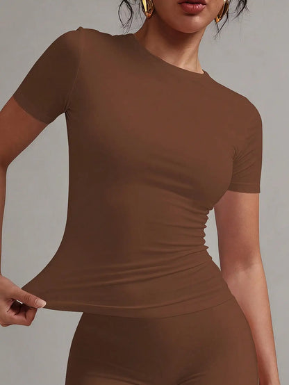 Women's White Fitted T-Shirt Short Sleeve Casual Crew Neck Tee