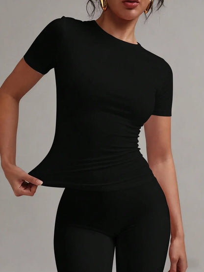 Women's White Fitted T-Shirt Short Sleeve Casual Crew Neck Tee
