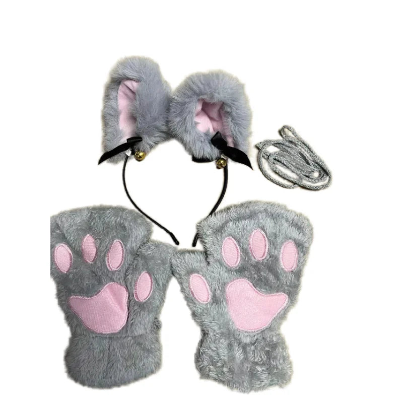 Cat Paw Gloves Set with Cat Ear Headband Fingerless Cosplay Accessories