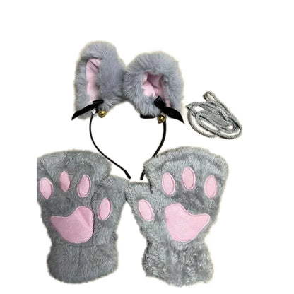 Cat Paw Gloves Set with Cat Ear Headband Fingerless Cosplay Accessories