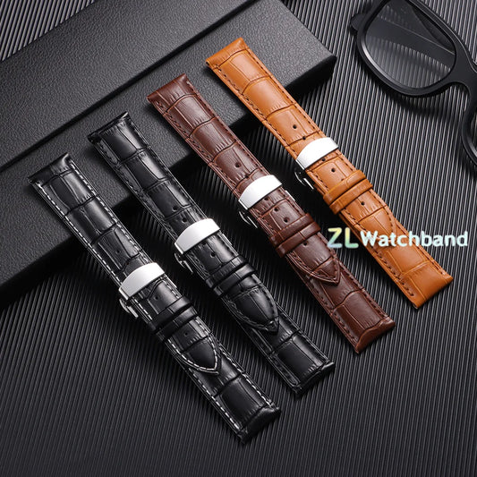 Leather Watch Band with Butterfly Buckle 12mm–24mm Replacement Strap