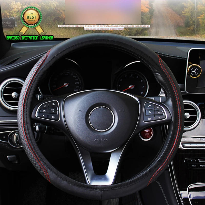 Leather Steering Wheel Cover Universal Non Slip 37-38cm