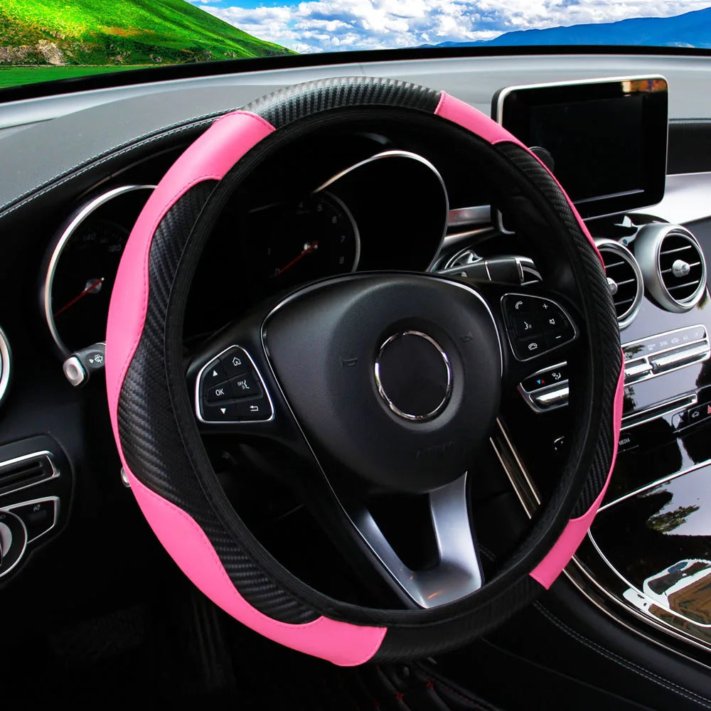 Carbon Fiber Steering Wheel Cover PU Leather 14.5-15 Inch
