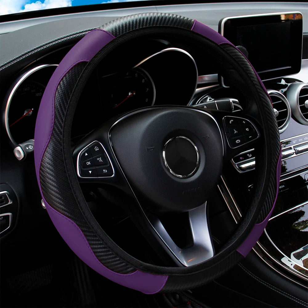 Carbon Fiber Steering Wheel Cover PU Leather 14.5-15 Inch