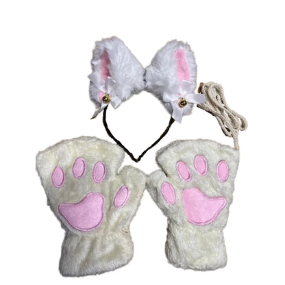 Cat Paw Gloves Set with Cat Ear Headband Fingerless Cosplay Accessories