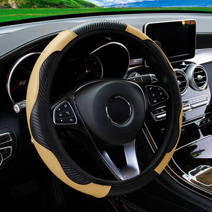 Carbon Fiber Steering Wheel Cover PU Leather 14.5-15 Inch