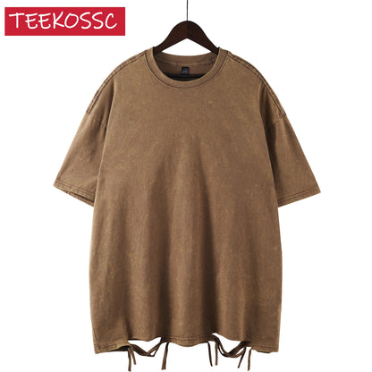 American Style Retro Heavyweight Solid Color Short Sleeved T-shirt Men Women Summer Street Trendy Washed Old Oversized Clothes