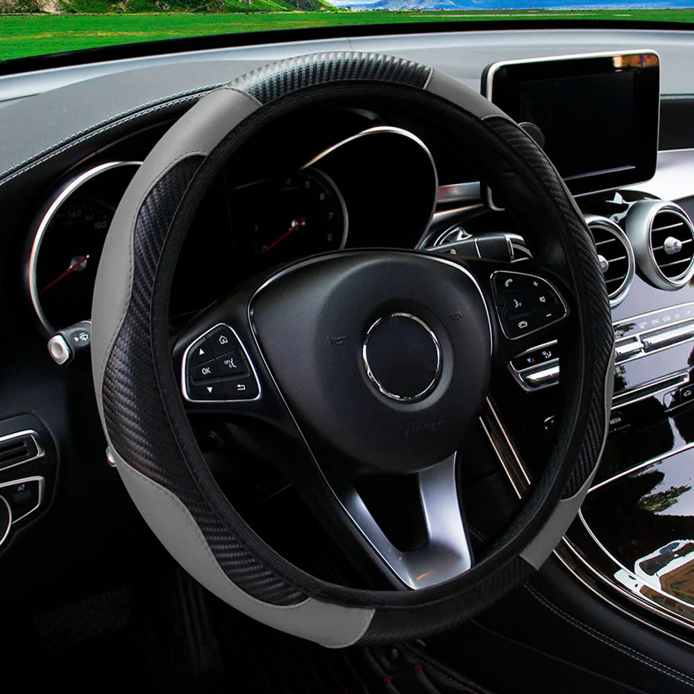 Carbon Fiber Steering Wheel Cover PU Leather 14.5-15 Inch