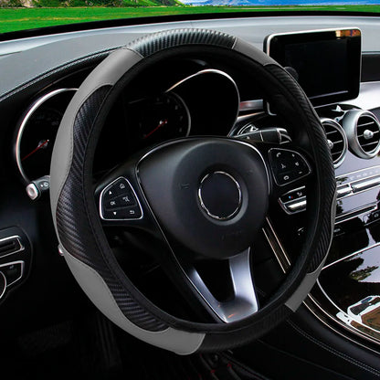 Carbon Fiber Steering Wheel Cover PU Leather 14.5-15 Inch
