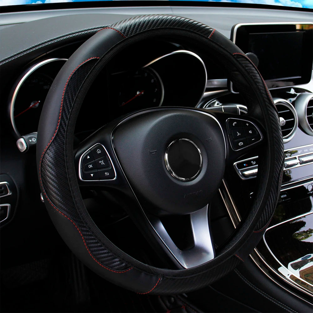 Carbon Fiber Steering Wheel Cover PU Leather 14.5-15 Inch