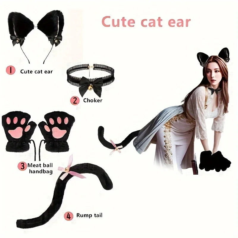 Cat Paw Gloves Set with Cat Ear Headband Fingerless Cosplay Accessories