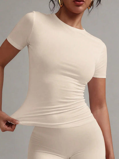 Women's White Fitted T-Shirt Short Sleeve Casual Crew Neck Tee