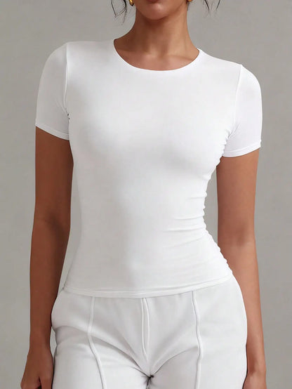 Women's White Fitted T-Shirt Short Sleeve Casual Crew Neck Tee
