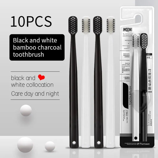 Soft Bristle Toothbrush Set 10 Pack Bamboo Charcoal for Adults