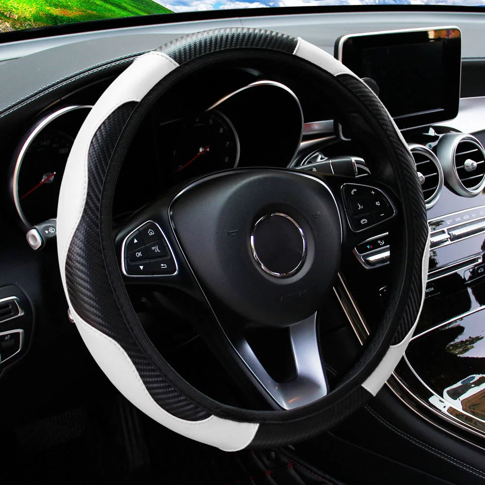 Carbon Fiber Steering Wheel Cover PU Leather 14.5-15 Inch