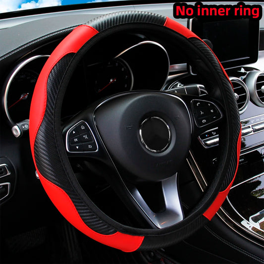 Carbon Fiber Steering Wheel Cover PU Leather 14.5-15 Inch