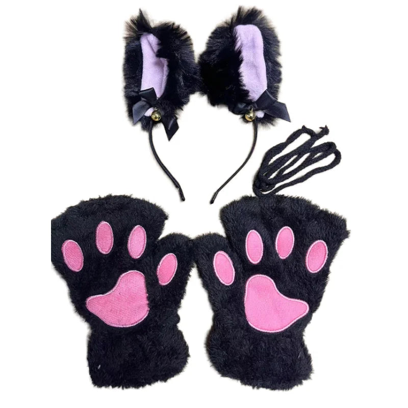 Cat Paw Gloves Set with Cat Ear Headband Fingerless Cosplay Accessories